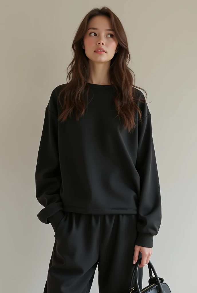 full photo, brunette influencer with long straight hair, brown eyes, tall, holding a handbag, looking into the distance, elegant and relaxing, calm expression, 8k, extremely detailed, photorealistic, realistic skin texture, best quality, wide angle, realistic face, in black sportswear, realistic