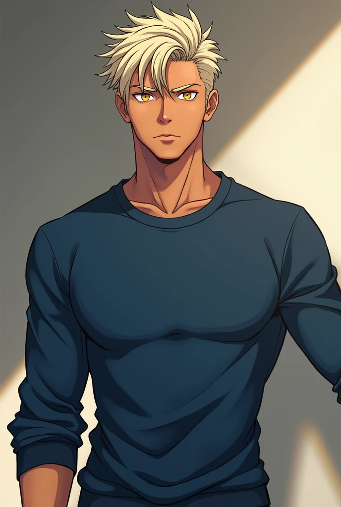 Chico, handsome, manly, grayish brown skin, orange eyes, short platinum blonde hair and wearing an indigo sweatshirt, in anime style 