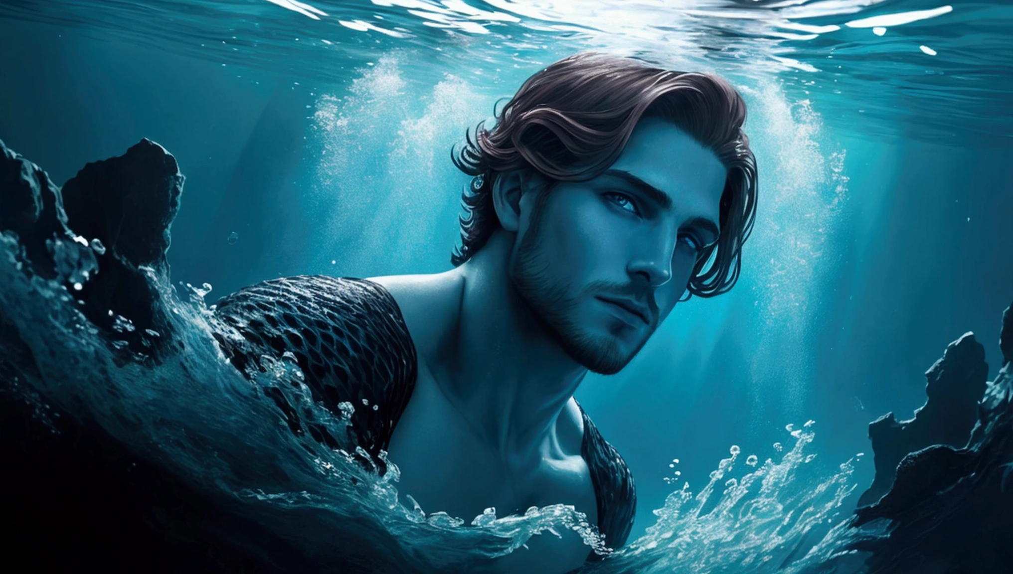 masterpiece, best quality, high resolution, closeup portrait, male focus, solo focus, muscular, burly, hairy, male, a man, in a sea, with half his body submerged in the water, behind a starry sky with a moon in the center, amazing composition, front view, HDR, volumetric lighting, ultra quality, elegant, highly detailed