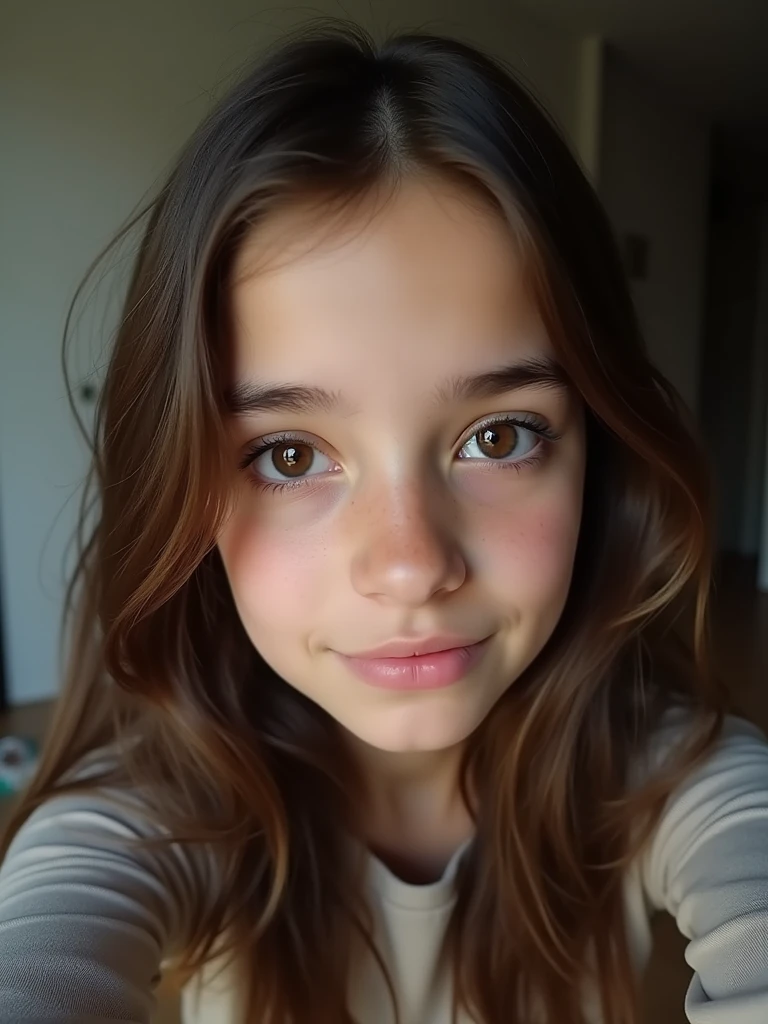 14 yrs old azerbaijany girl with brown eyes and brown hair. Make the photo as a selfie. Make the quality a bit bad so it looks super realistic. Make the photo so realistic that it looks  like a real girl