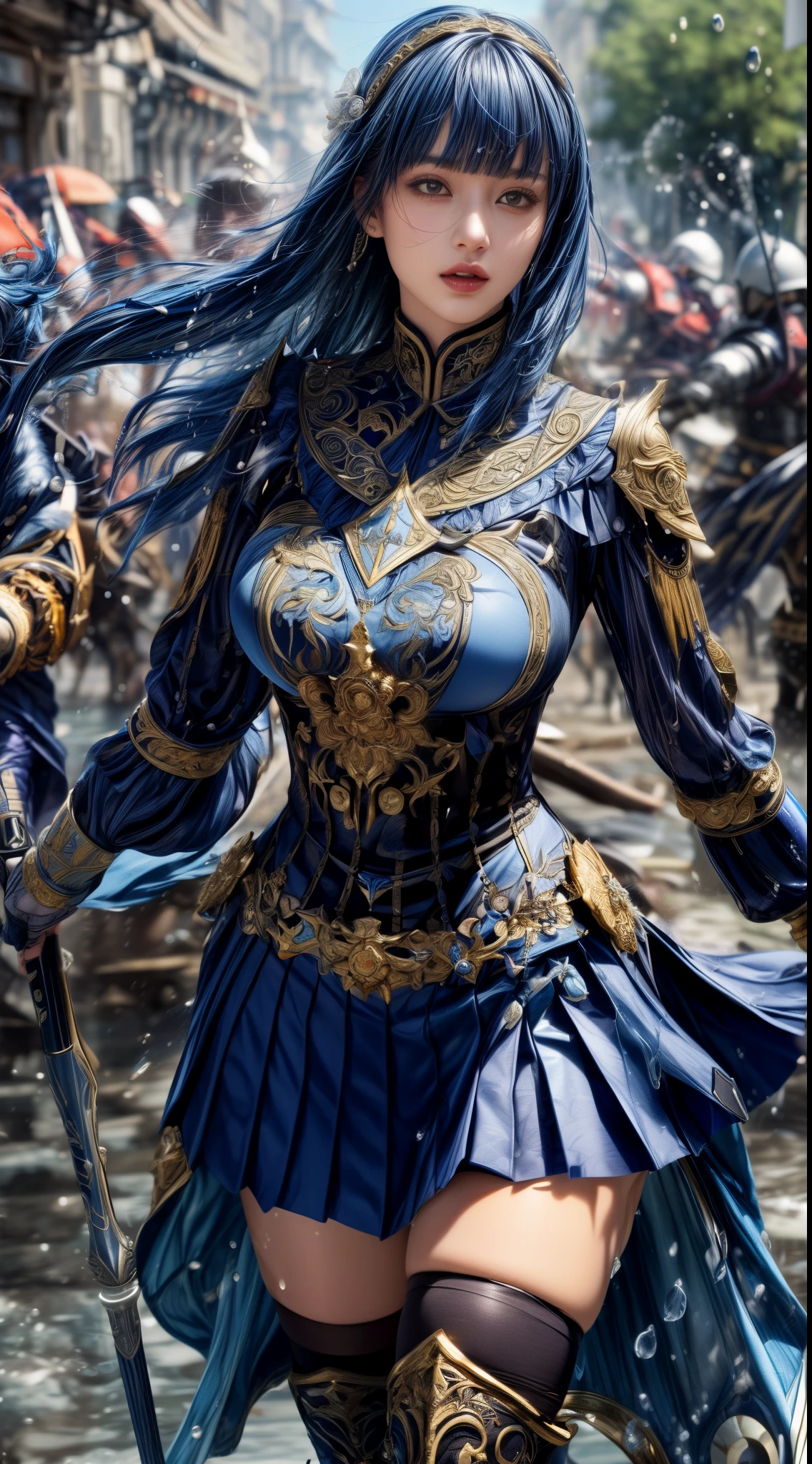 Very beautiful woman、Slender women、(Detailed face)、Realistic Skin、((holy knight)), ((Navy Blue Armor))、((((Black armor with very fine and intricate decoration:1.1))))、((Delicate photo))，(Girl Astepeace RAW Photo Details:1.25), (highest quality:1.6), (超A high resolution:1.5), (Realistic:1.75), 8K resolution, Canon EOS R5, 50mm, Absurd, Ultra-detailed,Cinema Lighting,((battlefield))、((battle))、(((Navy Skirt with Embellishments)))、Thigh-high socks、Shin Guards、((Dark blue hair))、((Bowl cut hairstyle with bangs,))、Get six-pack、Cape、Beautiful Armor、(((Has a huge weapon)))、(In combat)、The wind is blowing、((Symmetrical Armor))、((((Splash))))、(((Leading a large group of blue knights:1.2)))、Round Glasses:1.4、Banner、Armor with a dragon motif、(((Intense battle scenes)))