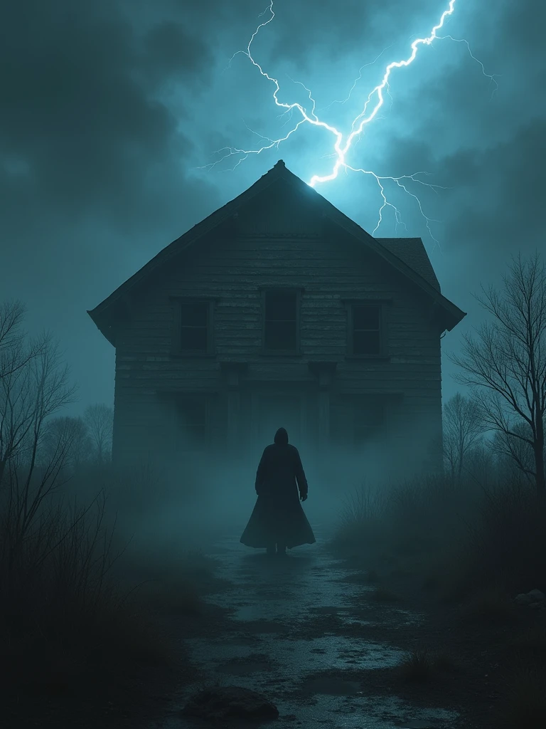 Depict an unexpected event that causes a sense of fear and shock. It's a dark, stormy night, and a sudden lightning illuminates an old, eerie, abandoned house surrounded by thick fog. A mysterious shadow emerges from the house, causing a chilling sensation of dread.