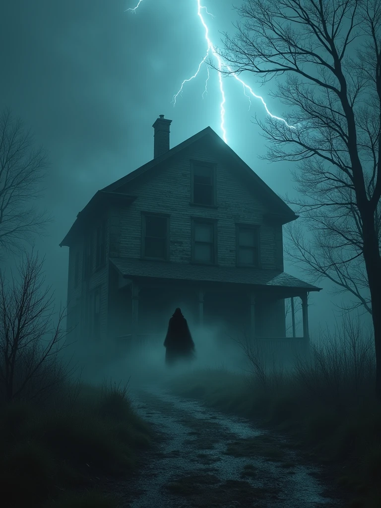 Depict an unexpected event that causes a sense of fear and shock. It's a dark, stormy night, and a sudden lightning illuminates an old, eerie, abandoned house surrounded by thick fog. A mysterious shadow emerges from the house, causing a chilling sensation of dread.