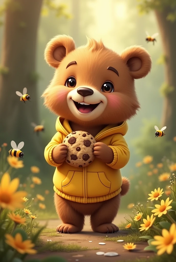 Smiling brown bear cub、Yellow hoodie、Round ears、cute、Standing pose、Eat a chocolate chip cookie、in the forest、Bees flying around、There are flowers on the ground、Friendly atmosphere、High resolution