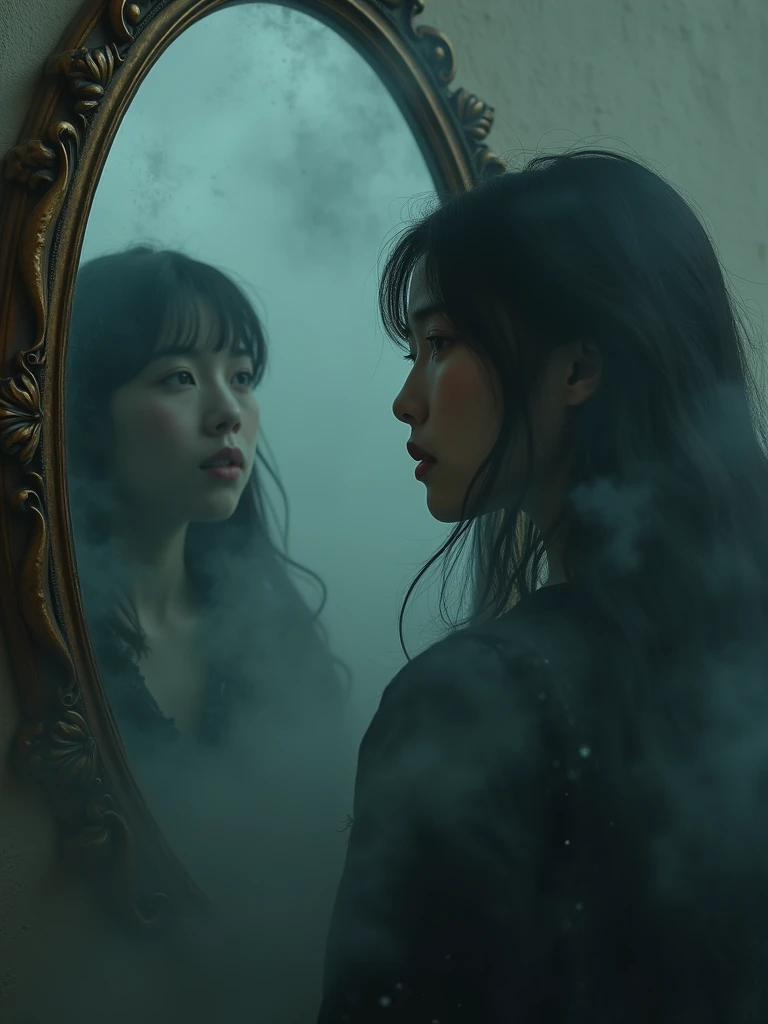 A mystical, inscrutable fog slowly engulfs a young Asian woman, her shadowy form cloaked in ambiguity. Foreground features an antiquated, elaborately decorated mirror that reflects an indistinct image, signifying the hidden truth of her identity. The entire scene is immersed in nuanced hues of riddle and secrecy, hinting at the enigma contained within the yet to be revealed narrative of a daughter unearthing her concealed history.