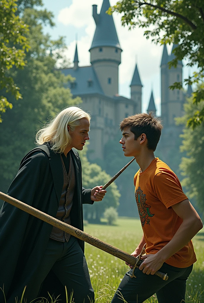 Draco in hogwarts and luke in camp-halfblood are fighting