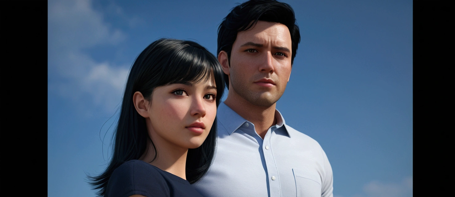 realistic, couple, black hair, short skirt, realistic face, 4K