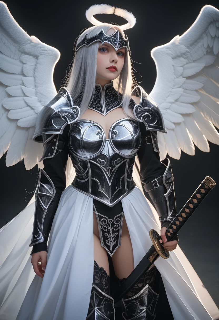 1fullbodyimage of woman in a black and silver outfit with wings wielding a katana, beautiful dark angel girl, warrior angel, villainess has black angel wings, angel knight gothic girl, angel in glossy metallic black and silver armor, crown in armour, stuning fantasy 3 d render, angel knight girl, cinematic volumetric lighting, ultra realistic, shot with Sony Fx6