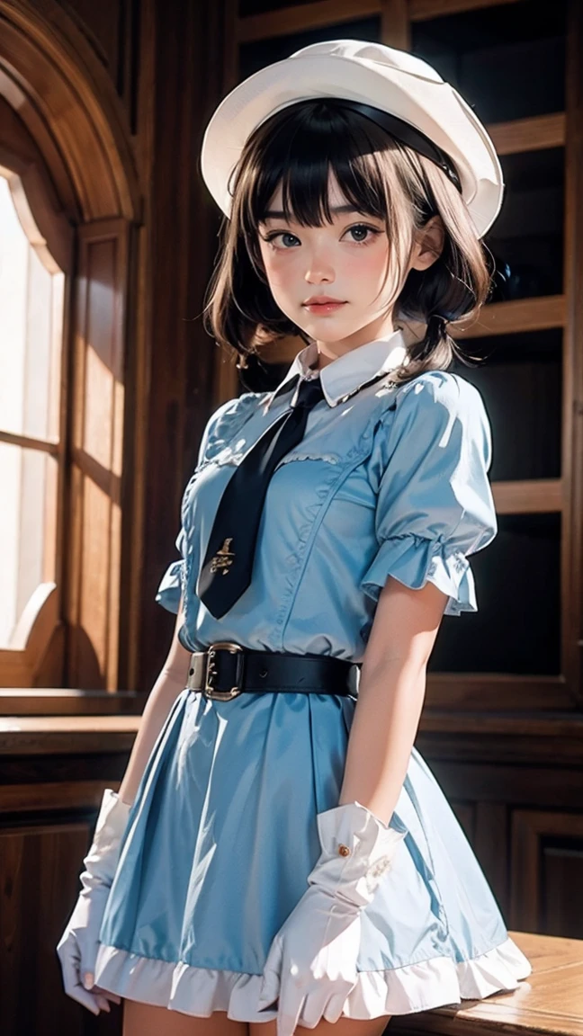 2 days, Masterpiece, best quality, anime, Highly detailed face, Highly detailed eyes, highly detailed background, perfect lighting, cowboy shoot, 1 girl, alone, Aki Rosenthal, Collar dress, short dress, short sleeve, blue jacket, black thighs, single hair, long hair, Low Twintails, bob cut, necktie, hat, white gloves, elbow gloves, wide hips, smile, stand, inside a spaceship 