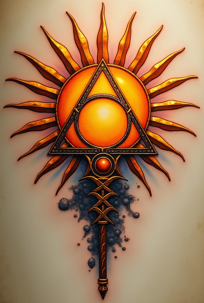 A tattoo of a sun with the Harry Potter Deathly Hallows inside. 