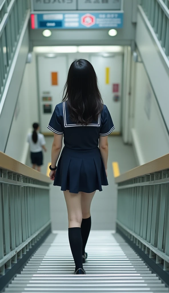 Highest quality　Japanese　Cute high school girl　uniform　mini skirt　Going down the stairs at the station from above　Beauty　Composition from below　Real People　