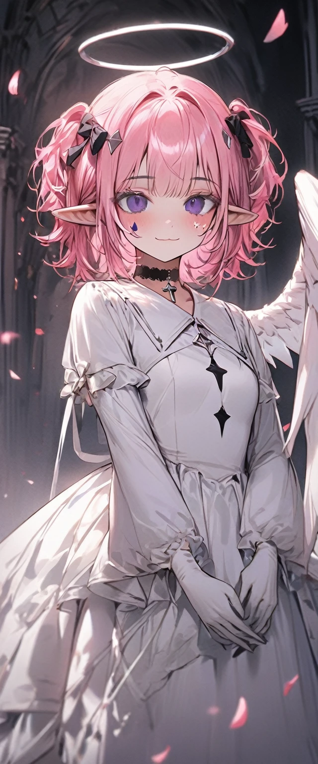 UHD, masterpiece, best quality, extremely detailed, anatomically correct, sharp focus, Midnight, gloomy atmosphere, Church, altar isle, 1girl, solo, camilavtuber, pink hair, short hair, shoulder length hair, curly hair, (white angel head wings:1.2), (twin ponytail), dark purple eyes:1.1, (facial mark), small mouth, closed mouth, smiling, crucifix choker, white arm sleeves, slim arms, white gloves, small chest, 1 angel wing, single wing, ((long white gown)), frilly gown, slim legs, white stockings, (white high heels), (full body:1.5) , whole body pose:1.5(close-up), innocent pose, eye-level shot, front view, innocent pose, scattered pink petals