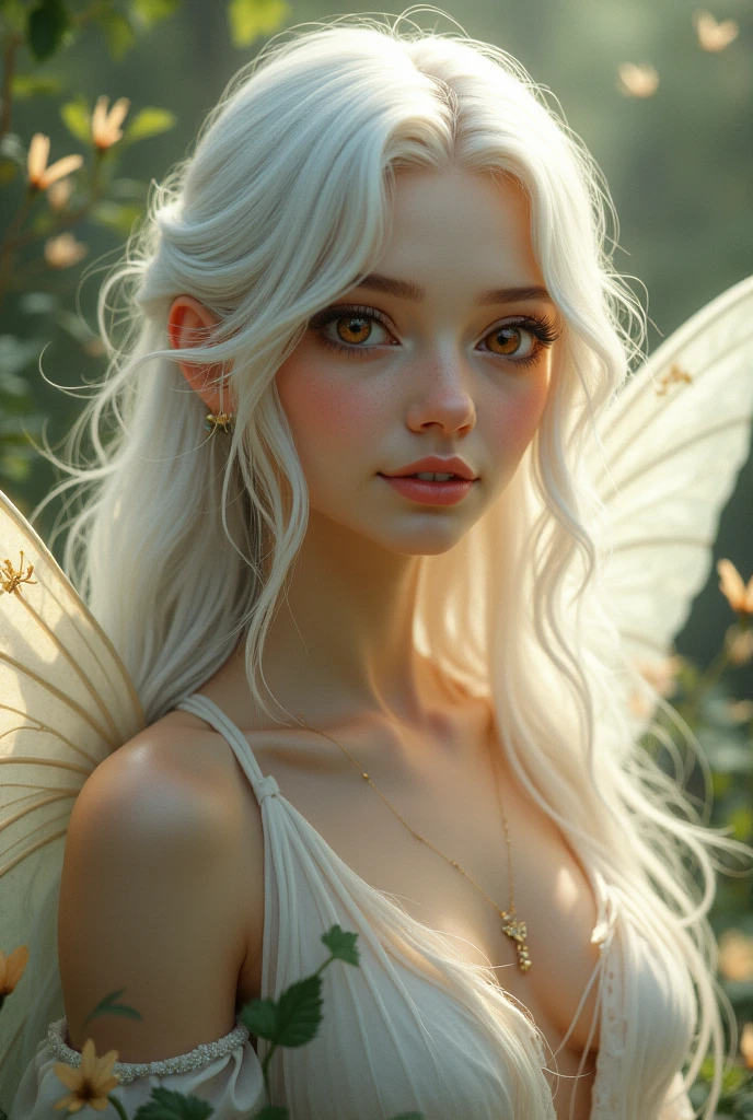 Beautiful girl
Tall and skinny not too skinny
Brown eyes
White healthy long hair
Big eyes 
have a white fairy wings
Nature background with animals
Kind
Goddess
