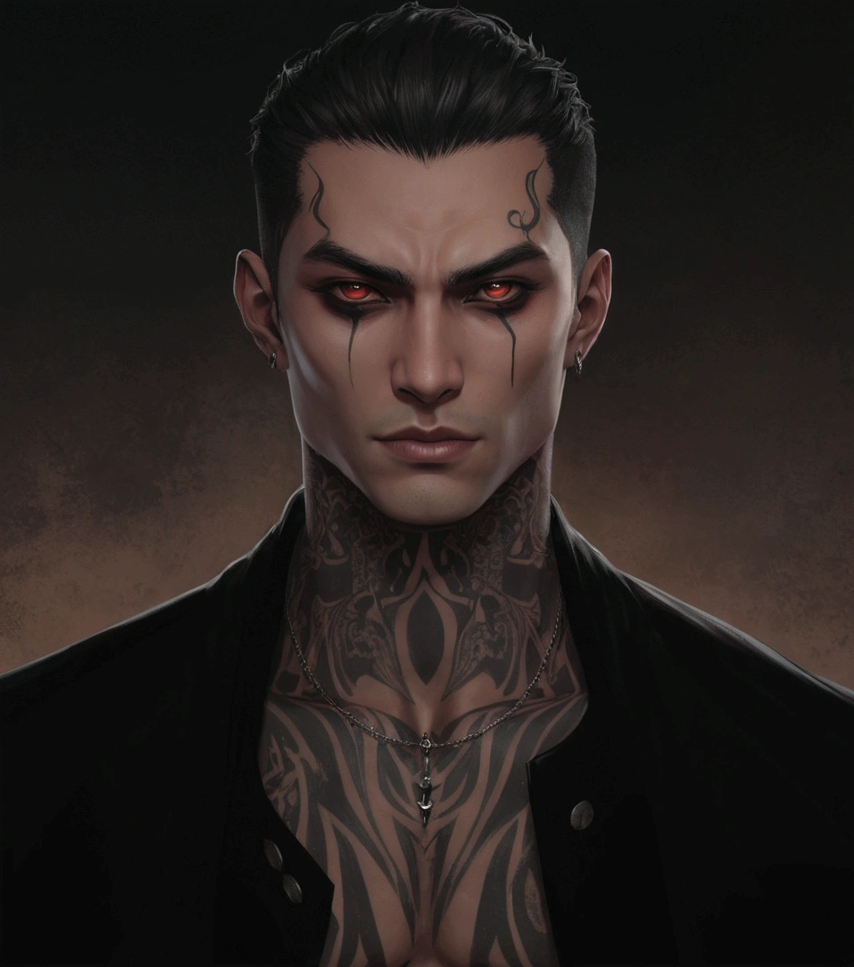 there is a man with a tattoo on his chest and a black jacket, handsome guy in demon slayer art, human male demon, detailed character portrait, evil devious male, male vampire of clan banu haqim, artstation mans aesthetic, portrait demon half human, human male character art, highly detailed character, male character, detailed skin, very detailed skin