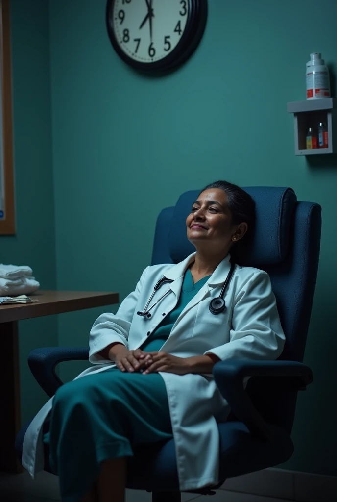A Indian lady doctor taking rest after Look after the patient in the mid night in seminar hall and a wallclock hanging on the wall
