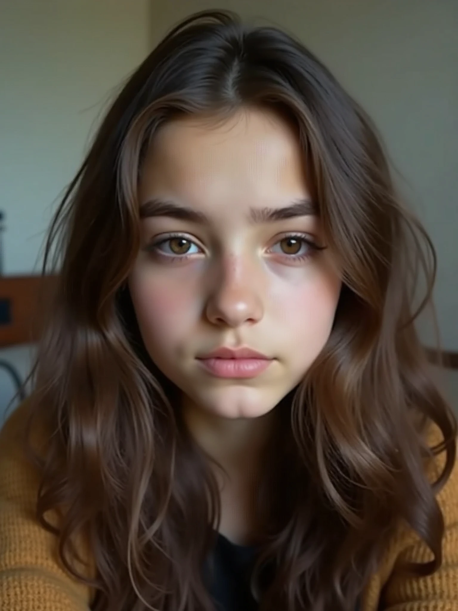 14 yrs old azerbaijany girl with brown eyes and brown hair. Make the photo as a selfie. Make the quality a bit bad so it looks super realistic. Make the photo so realistic that it looks  like a real girl