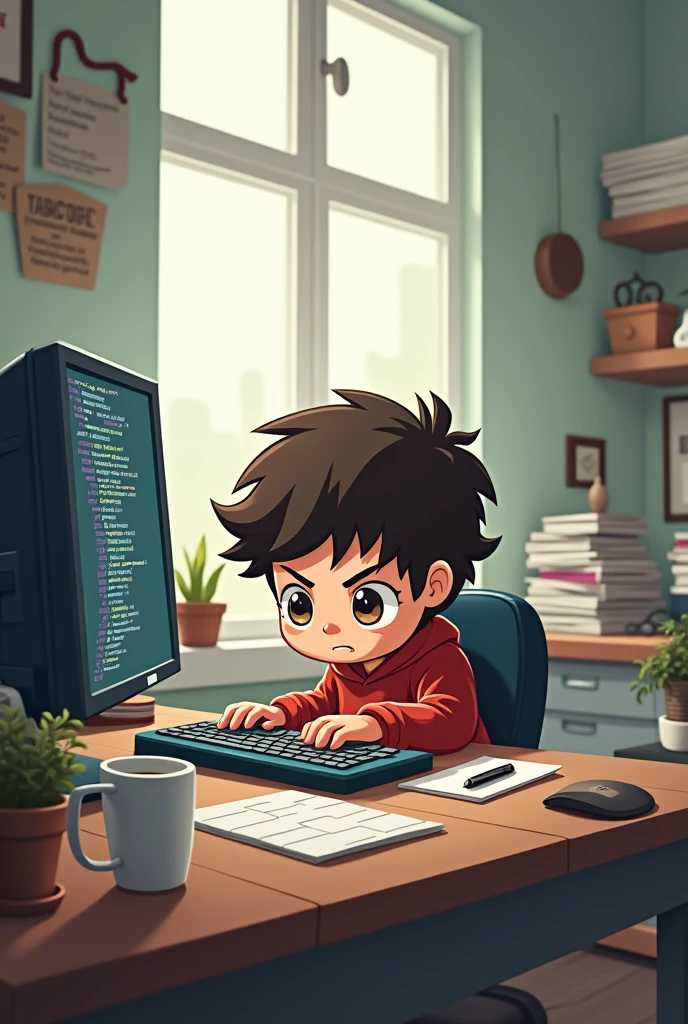 Chibi man that is working on the computer programmer 
