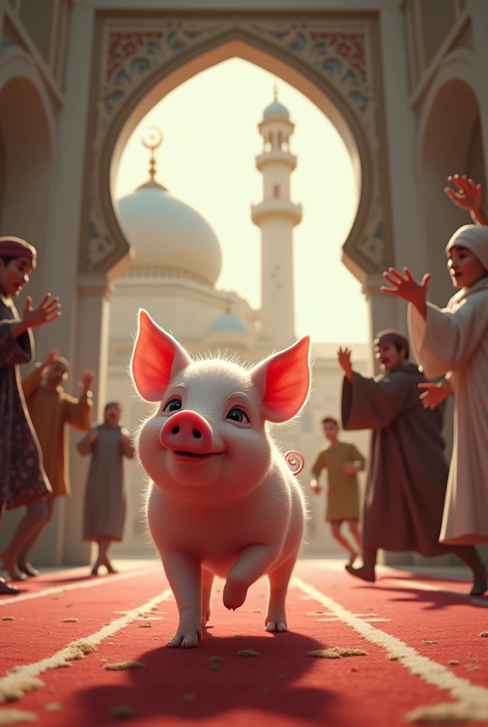 A little pig invades a mosque and people run away.