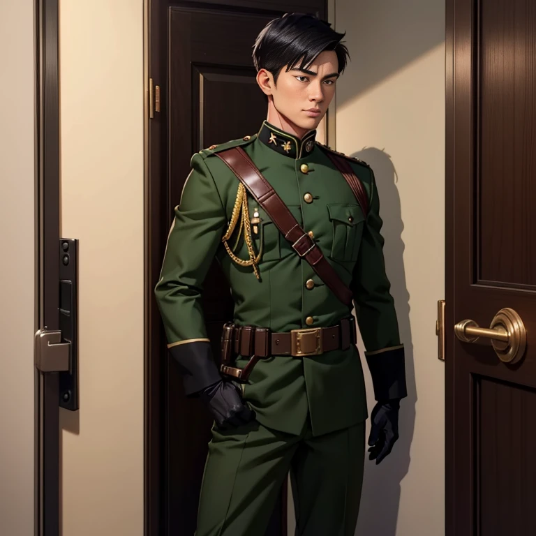 30 years old,One Man,、Dark green military uniform、White tights、Shocker Belt、Black gloves、Brown boots、With a handgun on his hip、entrance、In front of the door、　logic, ,Black Hair。Pretty short and even shorter short hair、Handsome soldier　Asian Face　The crotch area of my pants is bulging