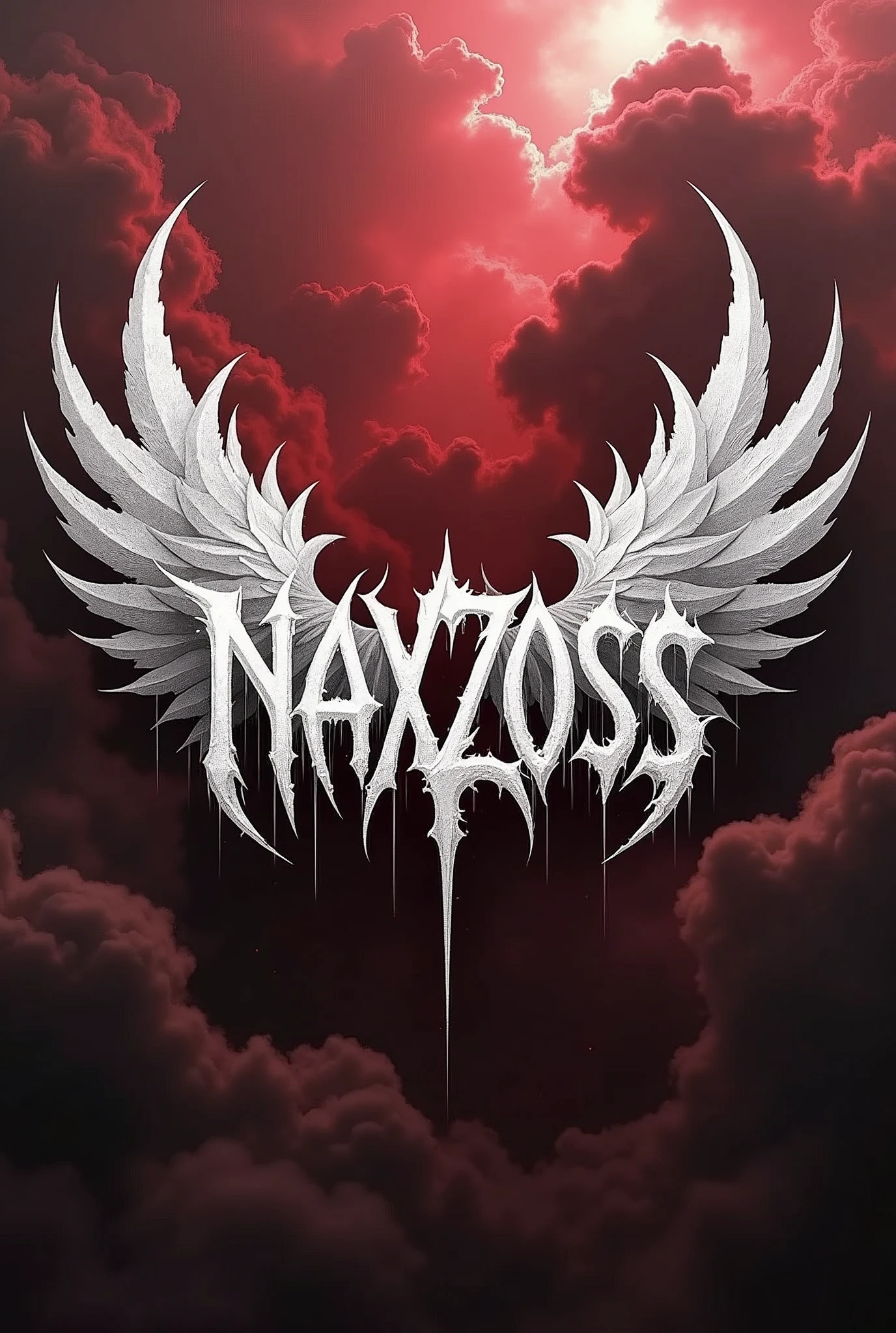 White Logo "NAXZOSS", in the style of demonic Gothic, graphics, spines of the letter NAXZOSS, Difficult, ultradetail, Image clarity, bloody and milky background, white clouds, white wings