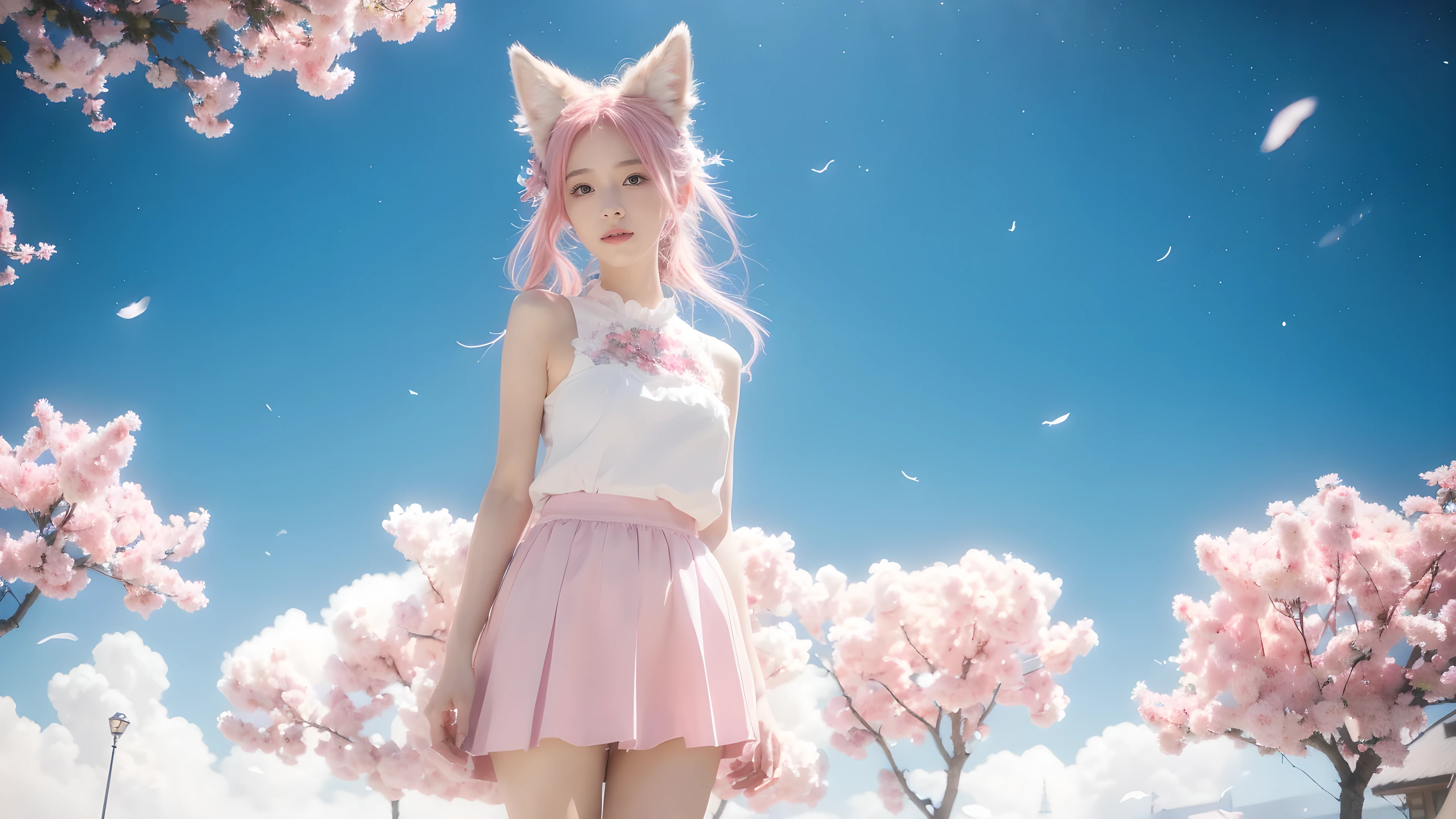 Nine snow-white fox tails (1.0), Milky white fox tail (1.0), Close-up of nine-tailed fox, Nine Tails, Nine Tails, anime manga girl,Pink hair,Pink skirt,flowers in his hair, Very beautiful anime fox girl, Beautiful anime fox girl, Beautiful fantasy anime, Gu Weiss, Anime girl with fox ears, Beautiful anime girl, Very beautiful and cute fox girl, Pink Flower Rain, the background blurs, Anime style 4k, Anime Fantasy Artwork, 4k anime wallpaper, Old Wes (gouves) Style artwork