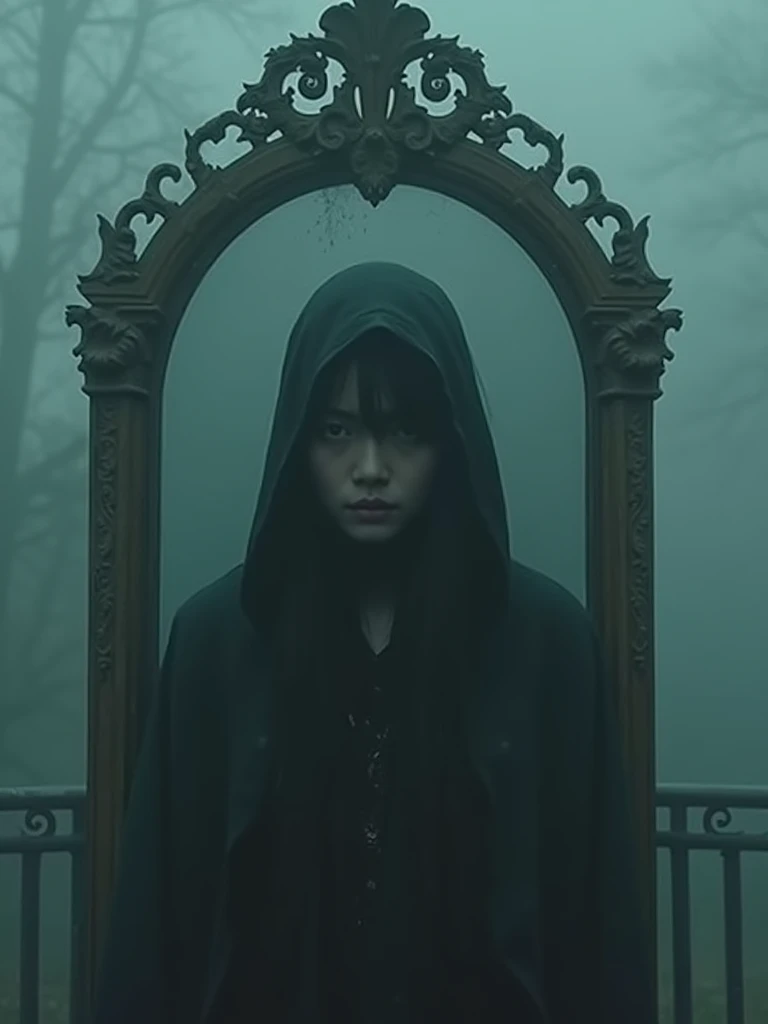 A mystical, inscrutable fog slowly engulfs a young Asian woman, her shadowy form cloaked in ambiguity. Foreground features an antiquated, elaborately decorated mirror that reflects an indistinct image, signifying the hidden truth of her identity. The entire scene is immersed in nuanced hues of riddle and secrecy, hinting at the enigma contained within the yet to be revealed narrative of a daughter unearthing her concealed history.