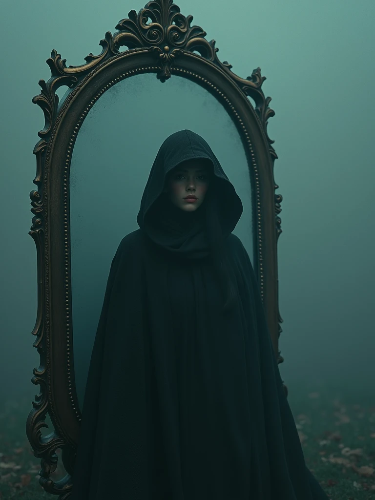 A mystical, inscrutable fog slowly engulfs a young Asian woman, her shadowy form cloaked in ambiguity. Foreground features an antiquated, elaborately decorated mirror that reflects an indistinct image, signifying the hidden truth of her identity. The entire scene is immersed in nuanced hues of riddle and secrecy, hinting at the enigma contained within the yet to be revealed narrative of a daughter unearthing her concealed history.