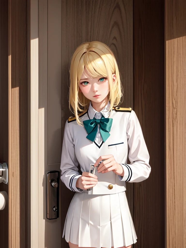 (Ultra extreme detailed),(Masterpiece),(Ultra extreme),(Realistic),CG,(color:1.2), Strong lighting,Light from behind,evaluation:Safety,One blonde, one alone., white,紺color,Blonde Short Hair,Green Eyes,white shrite,short_beautiful girl((uniform))、、Doing extra things in the toilet、高校生のuniform、school uniform