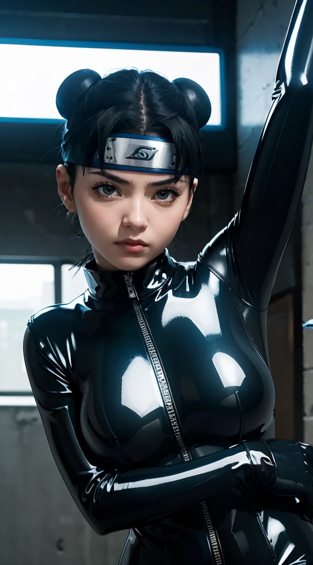 solo, super fine photo, portrait Unreal Engine 5 8K UHD of beautiful girl in a skin tight black latex outfit with blue neon light details, slick black catsuit, black iconic character, smooth black skin, black body, PVC, some black, glossy latex suit, rubber suit, rubber belts, collar, rubber glove, rubber high boots, arm and leg cuffs, straps, cyberpunk world, best quality, masterpiece, official art, unified 8k wallpaper, super detailed, sharp focus, dynamic pose, body parts, no extra limbs, precisely anatomy