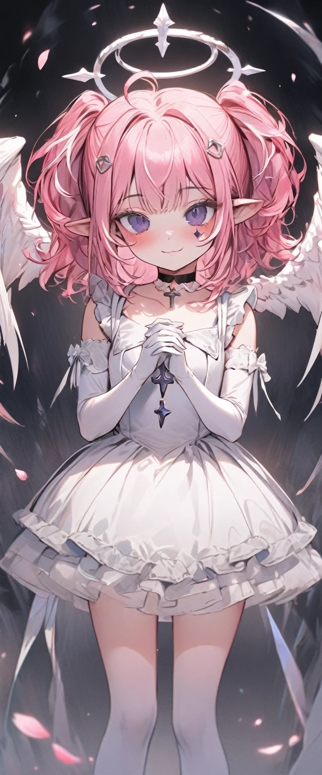 UHD, masterpiece, best quality, extremely detailed, anatomically correct, sharp focus, Midnight, gloomy atmosphere, Church, altar isle, 1girl, solo, camilavtuber, pink hair, short hair, shoulder length hair, curly hair, (white angel head wings:1.2), (twin ponytail), dark purple eyes:1.1, (facial mark), small mouth, closed mouth, smiling, crucifix choker, white arm sleeves, slim arms, white gloves, small chest, 1 angel wing, single wing, ((long white gown)), frilly gown, slim legs, white stockings, (white high heels), (full body:1.5) , whole body pose:1.5(close-up), innocent pose, eye-level shot, front view, innocent pose, scattered pink petals