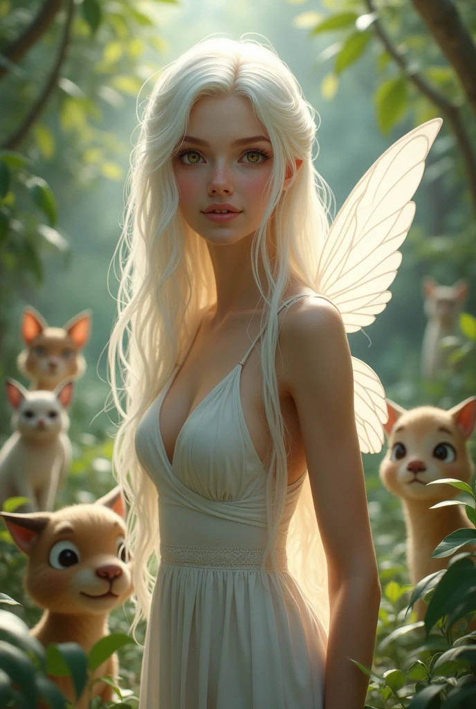 Beautiful girl
Tall and skinny not too skinny
Brown eyes
White healthy long hair
Big eyes 
have a white fairy wings
Nature background with animals
Kind
Goddess
