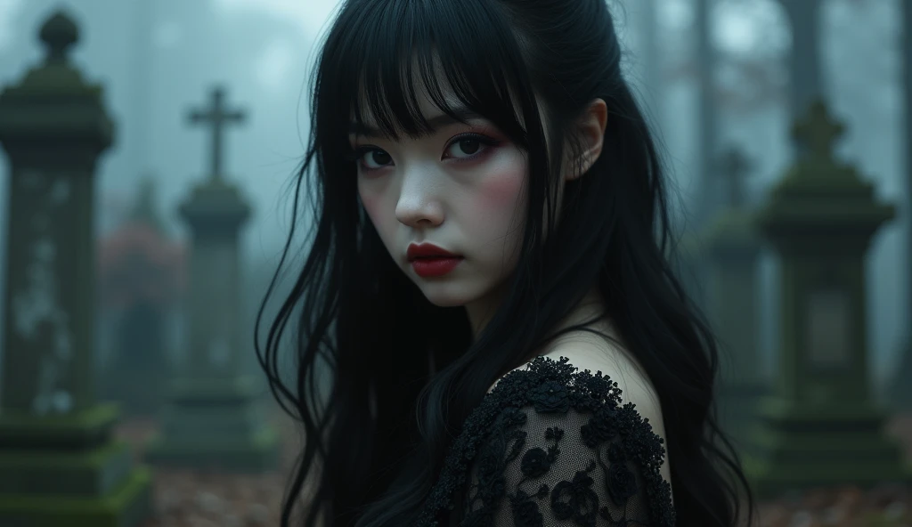 A highly detailed photorealistic image, a close up of a beautiful japanese woman, long hair with bangs, dreamy gothic girl, gothic make-up, she is a vampire, beautiful face, detailed face, elegant render, half body photo, mistress, photoshop render, cinematic lighting, ebony rococo, elegant girl, female spy, haunting beautiful young woman, detailed face, extravagant dress, beauty girl, very femenine, gothic cemetery at background, dark haze atmoosphere, ambient dust