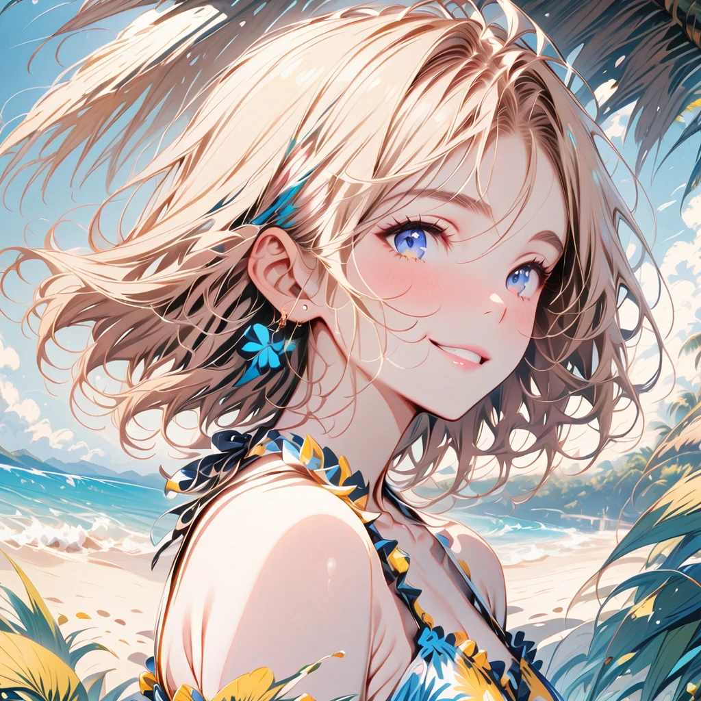 (masterpiece, Highest quality:1.2), 1 Girl, alone,Eyes open,Tropical atmosphere,Ocean,Swimwear