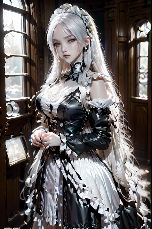 The woman, (European Citizenship: 1.2) In a black and white outfit posing for a photo, maiden! Dress, Anime Girl Cosplay, anime girl in a maid costume, The Magnificent Maiden, maid outfit, cosplay photo, cosplay, anime cosplay, A Few Cute Poses, Заманчивый портрет Marvel's Storm (snow-white hair!), (Face of the Goddess), (Elegant posture: 1.4), Elegant atmosphere, Noble atmosphere, (Milf: 1.6) (Shiny bright white hair: 1.5), (Cyan eyes: 1.4), (maidservant: 1.4), (Black and White Maid Outfit: 1.1), (Incredible beauty, High facial detail:1.3),