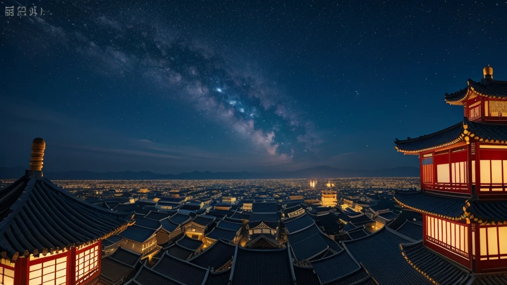 The sky is a deep blue, star-studded night sky,A complex of ancient Chinese architecture,Magnificent,Jewels glitter on the palace roofs,There are squares in the complex,Lanterns of various colors are hung in the square,Under the starry sky, they appear grand and mysterious,The atmosphere is majestic,high quality,masterpiece,Lots of details,8k,Amazing