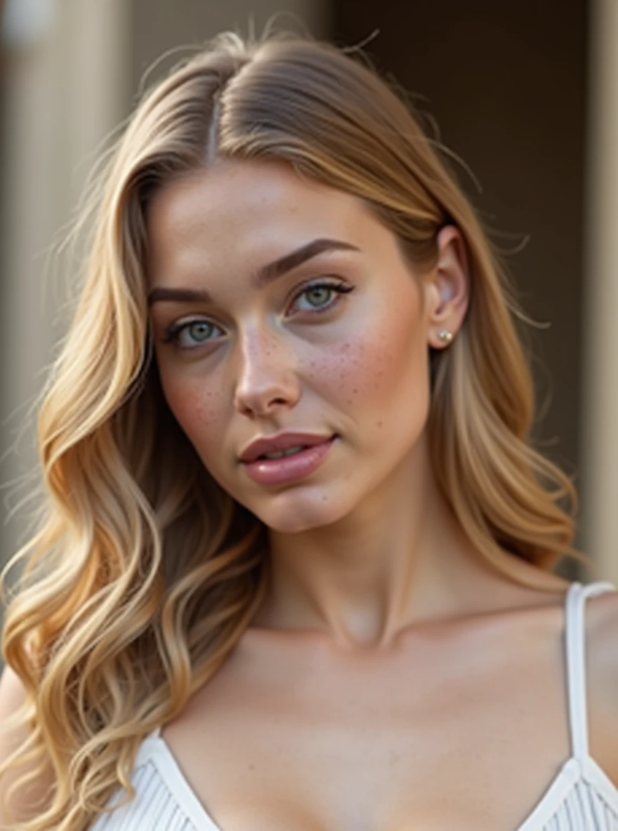pretty sexy women, 24 years old, american, blonde, blue eyes, beautiful face, Big boobs , enormous boobs, beautiful hair, white beatiful dress, thin waist, big hip, facing the camera, dressed, few freckles, very human face,arafed woman in a white dress leaning against a wall, blonde goddess, sexy girl, tight attire, dressed in a beautiful white, beautiful blonde girl, sexy dress, in white clothes, cleavage, white bra, dressed in white, opened dress, tight dress, a gorgeous blonde, alexa grace, angelawhite, curvy model, beautiful goddess, detailed white