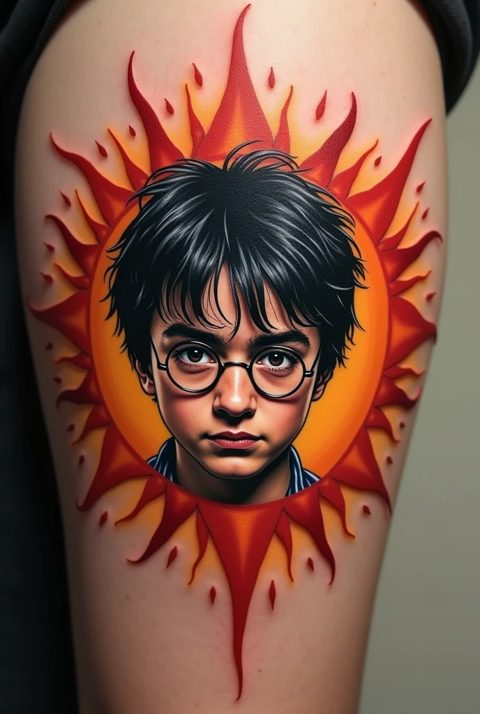 A sun tattoo with Harry Potter inside