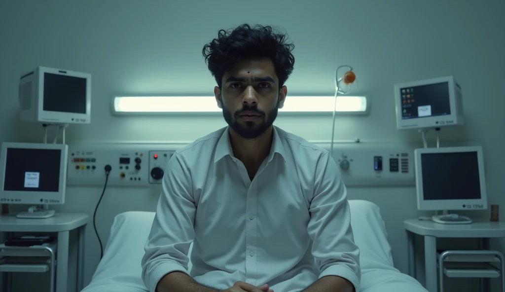 There is an Indian a young man who is in a hospital in standup room and looking at him. Some machines in his background it seems that he is suffering from some disease like bipolar disorder or depression