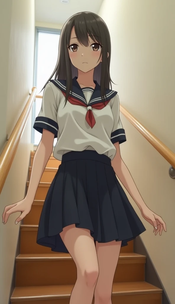 Highest quality　Japanese　Cute high school girl　uniform　mini skirt　Beauty　Angle from the bottom of the stairs　Real People　
