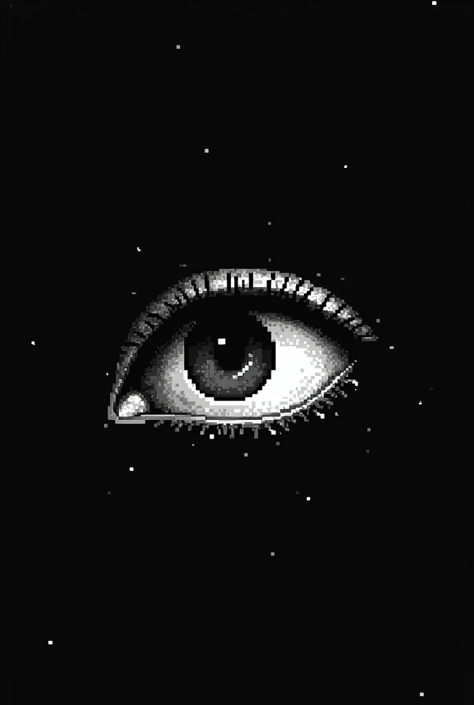 (pixel art 1.2),black and white image of black squares , pixel art , human eye , by issey miake