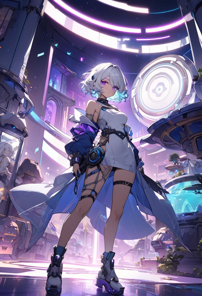 8k, masterpiece, Character design of Lena Carmina, a 23-year-old woman in a post-apocalyptic near-future world. She has a short bob hairstyle, silver-white hair, and deep purple eyes. Her skin is sun-kissed, reflecting a desert environment. She wears a futuristic, sexy yet functional armor or a draped dress with transparent elements. The outfit features accessories inspired by the aesthetics of shisha smoke. Lena is a mysterious and charming figure, with a calm and witty demeanor. The background features a futuristic, neon-lit interior with elements of ancient decor, reminiscent of a shisha bar called 'Nebula Oasis.' The atmosphere is a mix of modern and ancient styles, creating a relaxing yet intriguing environment.