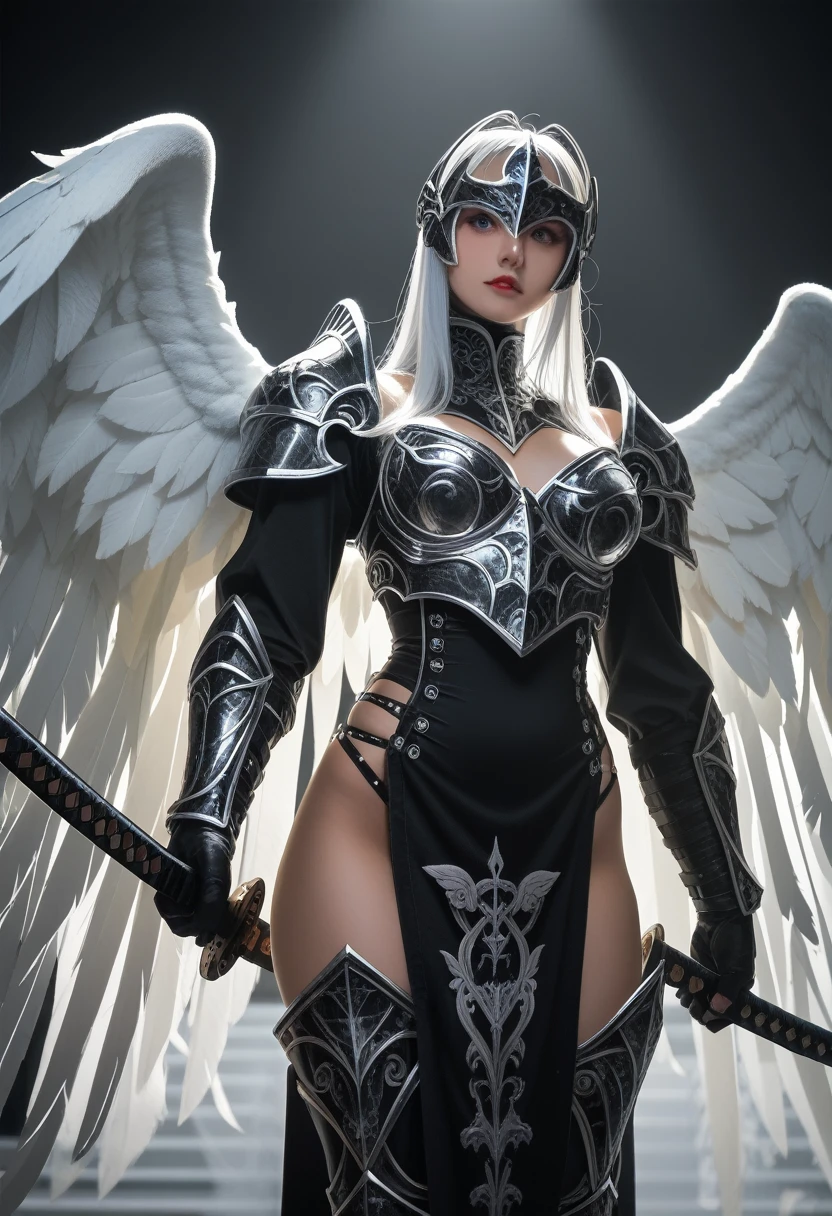 1fullbodyimage of woman in a black and silver outfit with wings wielding a katana, beautiful dark angel girl, warrior angel, villainess has black angel wings, angel knight gothic girl, angel in glossy metallic black and silver armor, crown in armour, stuning fantasy 3 d render, angel knight girl, cinematic volumetric lighting, ultra realistic, shot with Sony Fx6