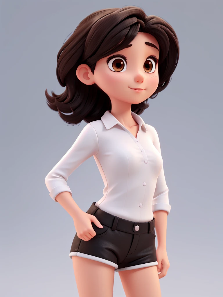[Cartoon 3d], [white background], [beautifull adult woman], [thin], [short black hair] and [round brown eyes]