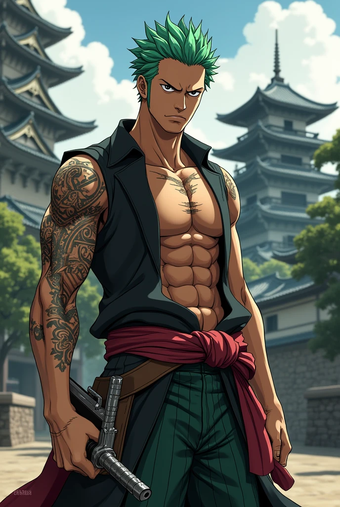 Roronoa Zoro has a tattoo on his arm, a gun at his waist, and there are two Japanese castles in the background.