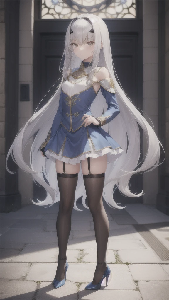 Silver long hair, golden eyes, flat chest,blue armor,Scapula,Mini skirt,Thin legs,black stockings,high heels,Standing,medieval european city