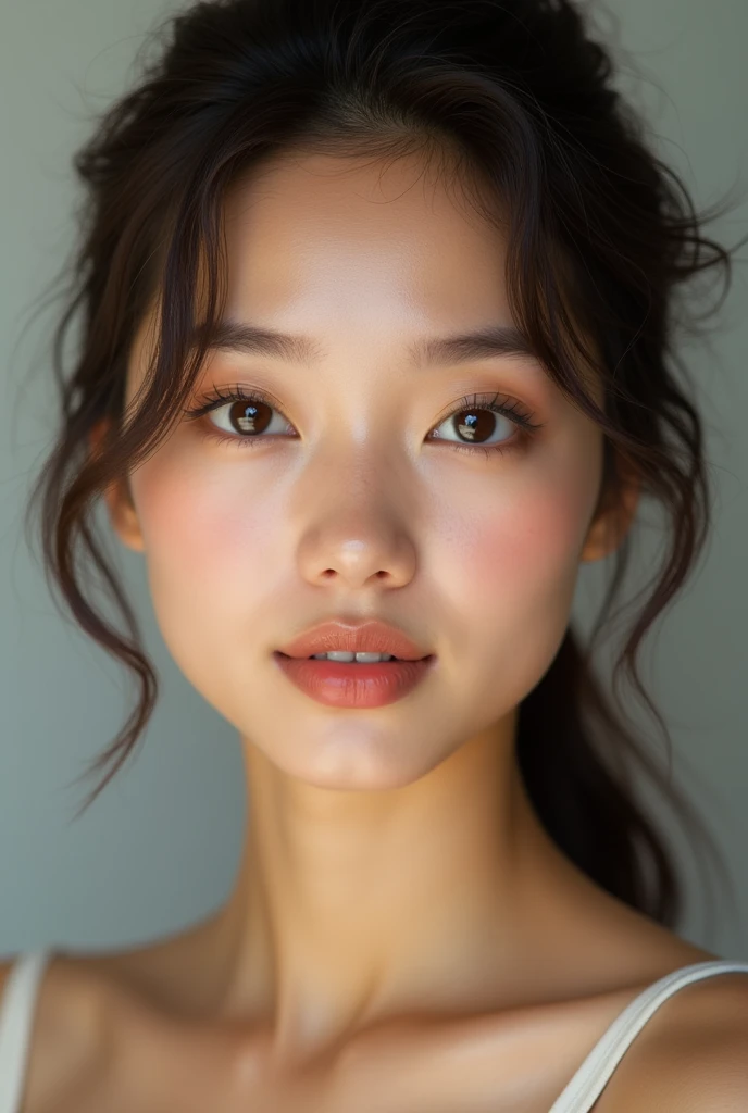 make images: blasian woman. cute face, smooth face, soft face. dark skin. pretty big douyin eyes. korean big eyes. dark brown skin. blasian. mixed. professional picture. professional lighting. model. beautiful brown skin. idol. kpop. kawaii. cute expression. rrealistic.