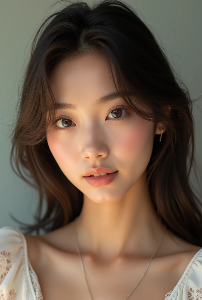 make images: blasian woman. cute face, smooth face, soft face. dark skin. pretty big douyin eyes. korean big eyes. dark brown skin. blasian. mixed. professional picture. professional lighting. model. beautiful brown skin. idol. kpop. kawaii. cute expression. rrealistic.