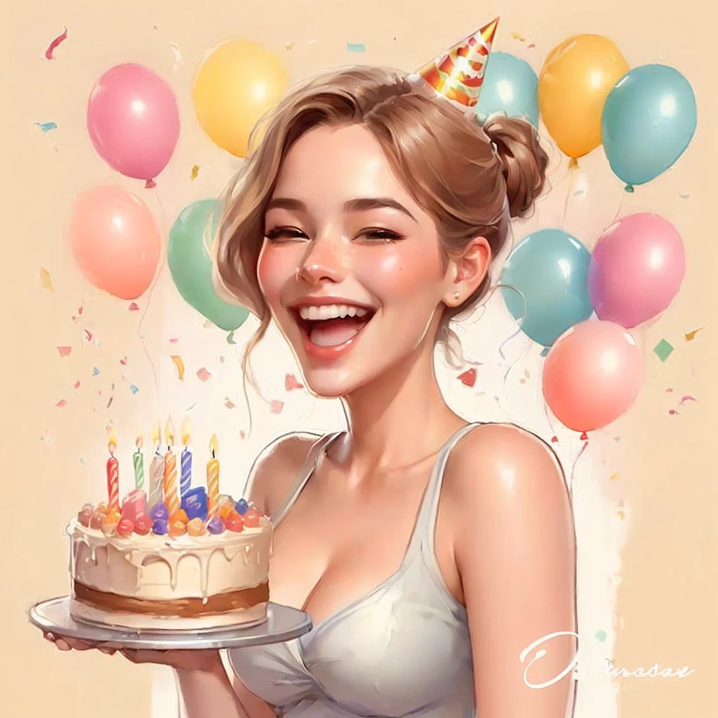 araffe woman holding a cake with candles and balloons in the background, birthday painting, realistic cute girl painting, digital cartoon painting art, by Jason Chan, cartoon digital painting, beautiful digital illustration, exquisite digital illustration, adorable digital painting, cartoon style illustration, holding a birthday cake, by Yanjun Cheng, by Ryan Yee, caricature illustration, celebrating a birthday, happy birthday