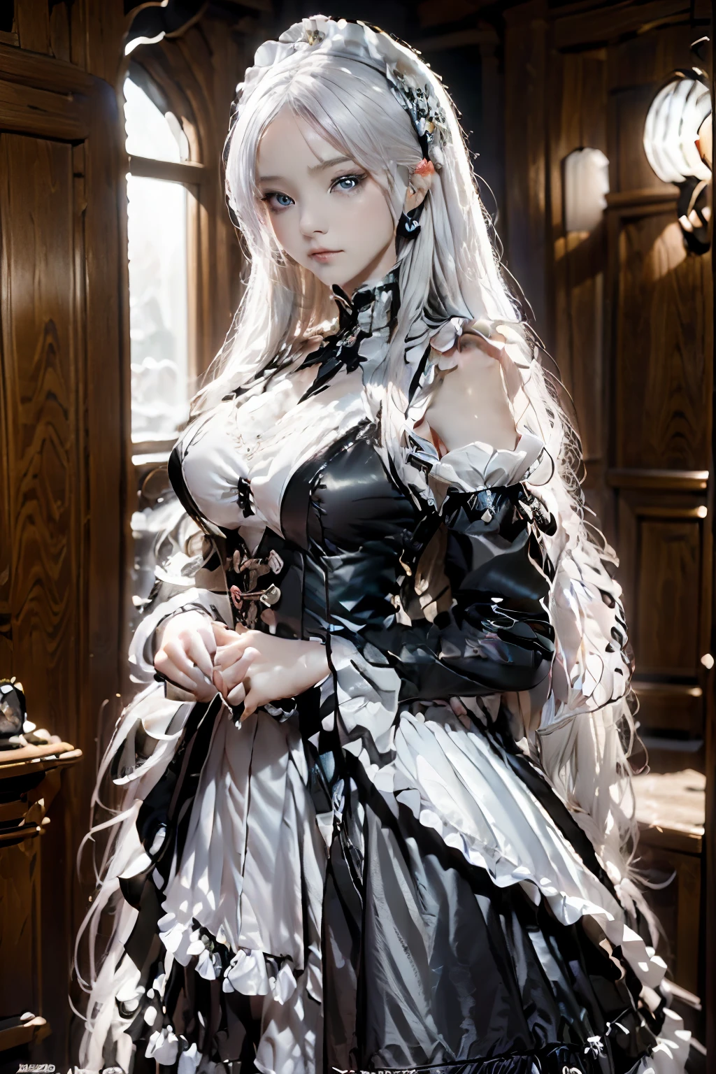 The woman, (European Citizenship: 1.2) In a black and white outfit posing for a photo, maiden! Dress, Anime Girl Cosplay, anime girl in a maid costume, The Magnificent Maiden, maid outfit, cosplay photo, cosplay, anime cosplay, A Few Cute Poses, Заманчивый портрет Marvel's Storm (snow-white hair!), (Face of the Goddess), (Elegant posture: 1.4), Elegant atmosphere, Noble atmosphere, (Milf: 1.6) (Shiny bright white hair: 1.5), (Cyan eyes: 1.4), (maidservant: 1.4), (Black and White Maid Outfit: 1.1), (Incredible beauty, High facial detail:1.3),