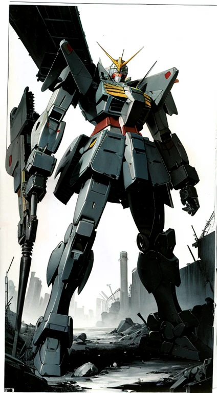 retro, 90's, flat colors, 1980s \(style\), gundam, ruins, mecha, ((machinery)),  no human, comic, monochrome,